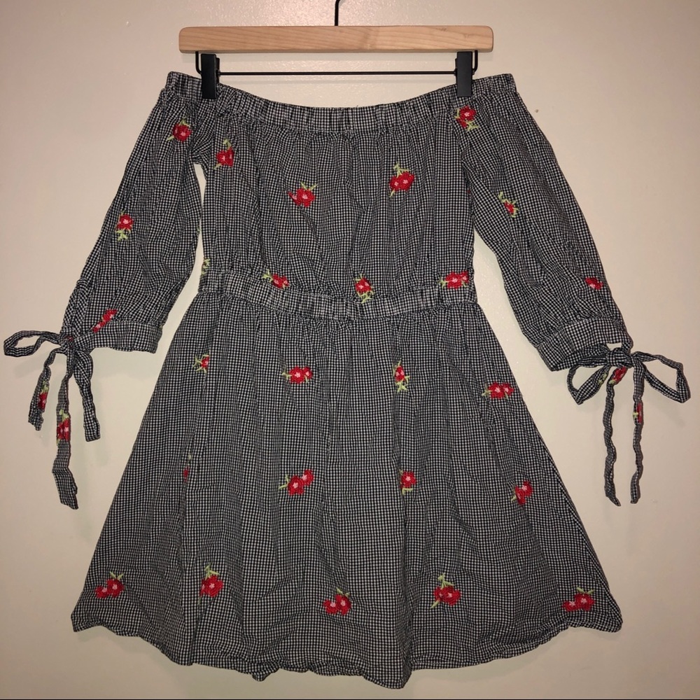 UO gingham floral off the shoulder dress